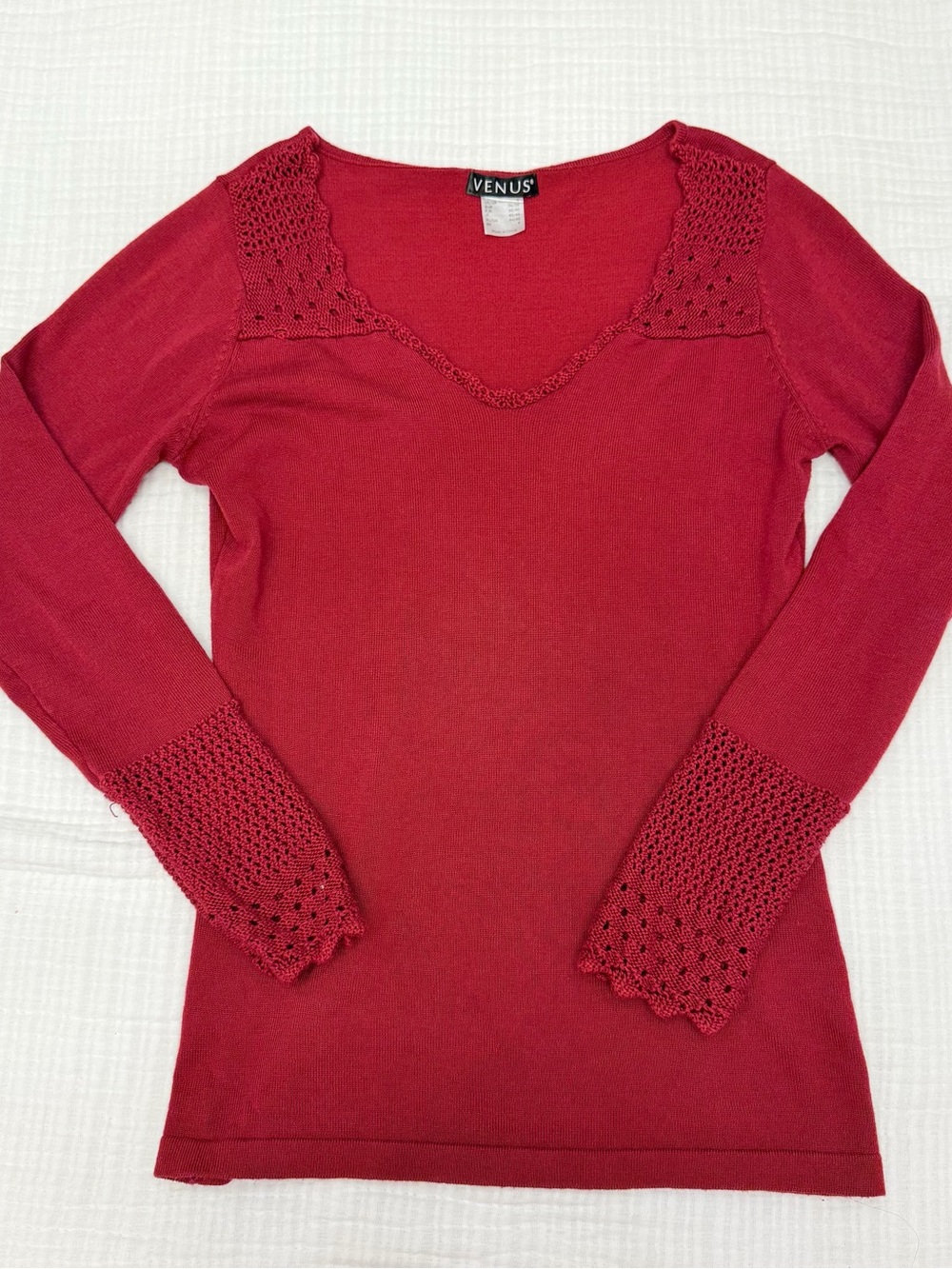 venus red crochet knit long sleeve top